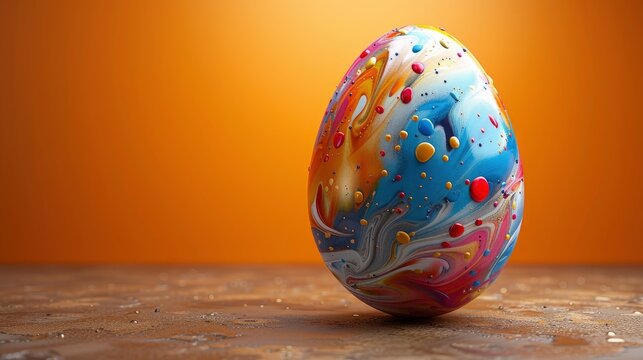 Colorful Easter egg explosion with paint splashes on orange background