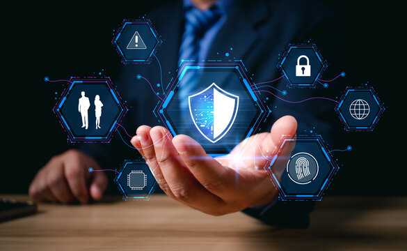 Cybersecurity and privacy concepts to protect data. Lock icon and internet network security technology. Businessman protecting personal data on internet, virtual screen interfaces. cyber security.
