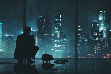 Fototapeta premium A solitary figure silhouetted against a nocturnal cityscape, pondering financial strategies alongside a symbolic piggybank.