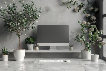 Modern home office with desktop computer and decorative plants on a marble desk.