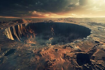 Massive impact crater on vast alien landscape, science fiction illustration - obrazy, fototapety, plakaty