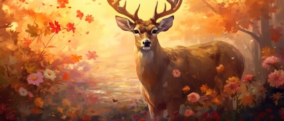 a deer surrounded by flowers, warm colors