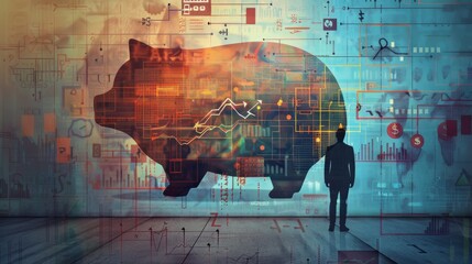 A silhouette of a businessman analyzing a holographic piggybank projection filled with financial data and market trends.