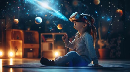 A child is playing in a virtual world with the help of VR technology.