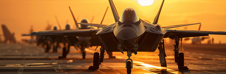 Fighter Jets Lined Up on Runway at Sunset, Military Power - obrazy, fototapety, plakaty