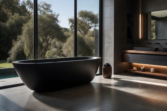 Exklusives Badezimmer mit minimalistischem Design und schwarzer freistehender Badewanne vor Panoramafenster