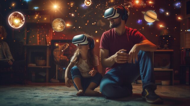 A little girl with dad are in a virtual fantasy space universe with planet when wearing VR headset.
