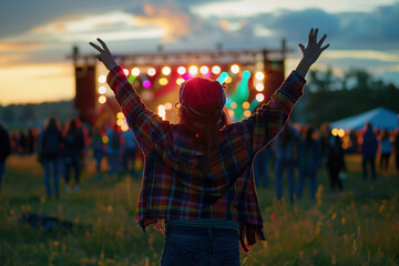 Excited Person Raising Hands at Outdoor Music Concert