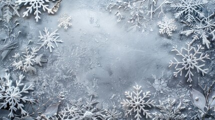 the winter chill with a border of delicate snowflakes against a frosty silver backdrop.