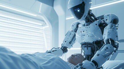 Humanoid robot helps to cure patient in hospital.