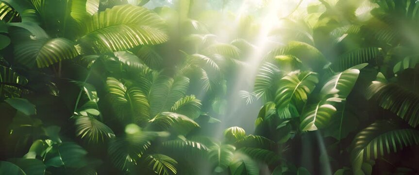 Sunlit leaves of a rainforest canopy, shades of green and bursts of sunlight,