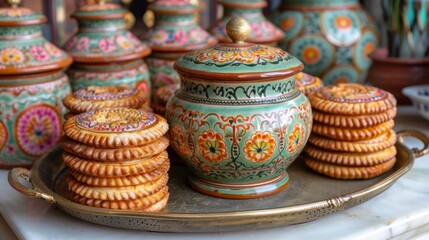 A tray of cookies on a table with jars and vases, AI