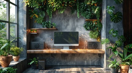 A modern workspace with computer and speakers surrounded by lush indoor plants.