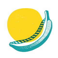Banana with geometric shape. Colorful cute screen printing effect. Riso print. Vector illustration. Graphic element for print - 779934684