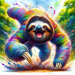 Dive into the tranquil world of the rainforest with this watercolor painting of a sloth, showcasing vibrant colors and fluid brushstrokes that capture its dynamic yet peaceful essence.