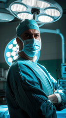 Confident Surgeon in Blue Scrubs with Surgical Lights