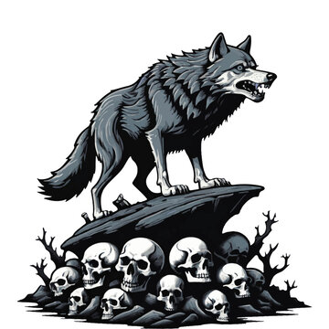 vector isolation a angry wolf stand on skulls