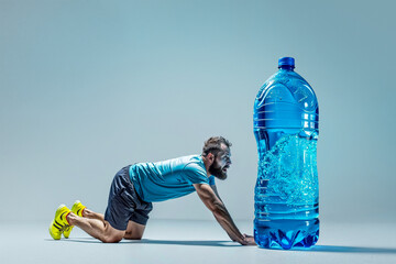 An exhausted athlete crawls towards a huge bottle of energy drink