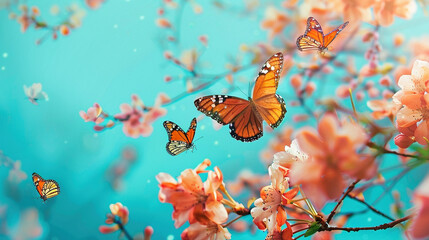 Vibrant Butterflies Flying Over Spring Flowers Background