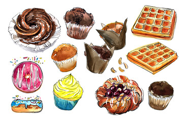 Food sketches. Sweets, pastries, cupcakes, muffins and coffee. Watercolor drawings and ink.  - 779935285