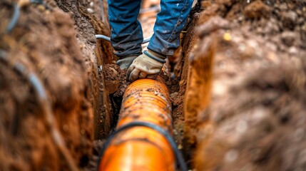 Fototapeta premium Worker Installing Underground Pipeline