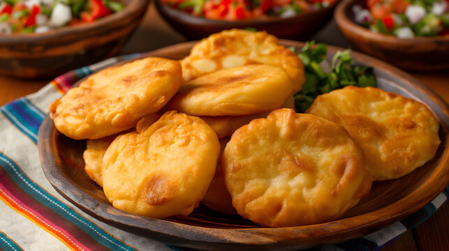 Delicious Golden Fried Cheese Arepas Served with Fresh Salad
