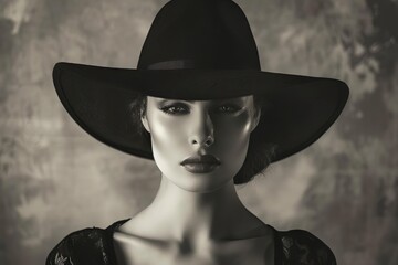 Mysterious vintage portrait of woman in black hat with dark moody lighting, black and white photo