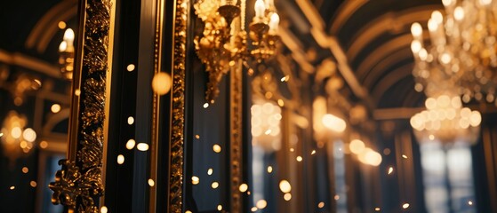 Obraz premium black and gold building, close-up, living interior decor, fireworks background