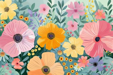 Pastel floral background celebrating Women's History Month, colorful spring flowers illustration