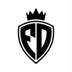 FD Letter monogram shield and crown outline shape with black and white color design
