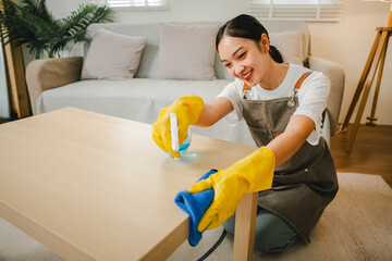 Young female housekeeper cleaning And wipe down the table with a microfiber cloth in the living...