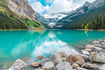 Picturesque Lake Louise in Banff National Park, Turquoise Waters and Snow-Capped Mountains, Landscape Photography - obrazy, fototapety, plakaty