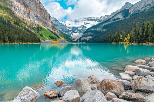 Picturesque Lake Louise in Banff National Park, Turquoise Waters and Snow-Capped Mountains, Landscape Photography