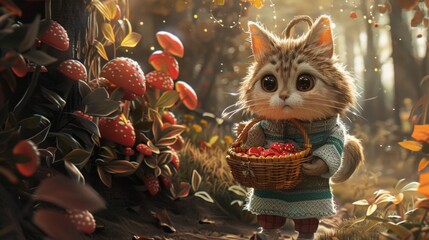 A cartoon cat holding a basket of fruit in the woods, AI