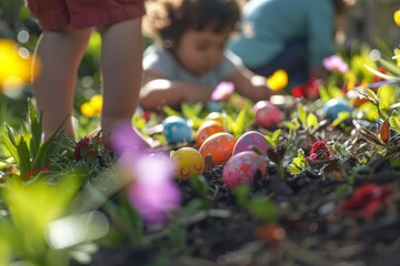 Children searching easter eggs. Easter eggs watercolour illustration. Easter 2024 illustration. Smooth texture