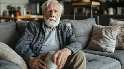 Fototapeta premium Injury or knee pain of an elderly man on the sofa