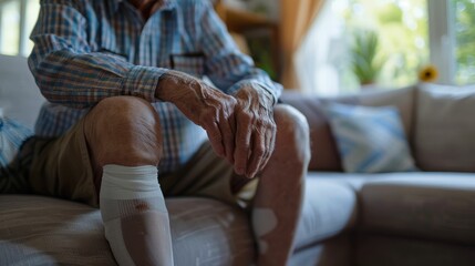 Injury or knee pain of an elderly man on the sofa - obrazy, fototapety, plakaty