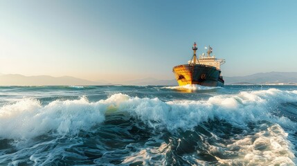 picturesque of old loaded cargo ship sailing on turbulent wavy sea under clear skies background