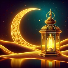 Eid greeting card background, Islamic Muslim festival, Ramadan lantern with half moon 