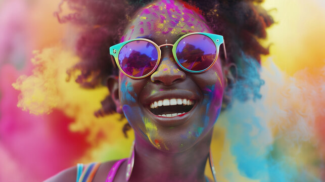 Joyful woman celebrating Holi with vibrant face paint and colorful background.
