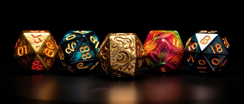 colorful d&d dice gold dragon black background isolated