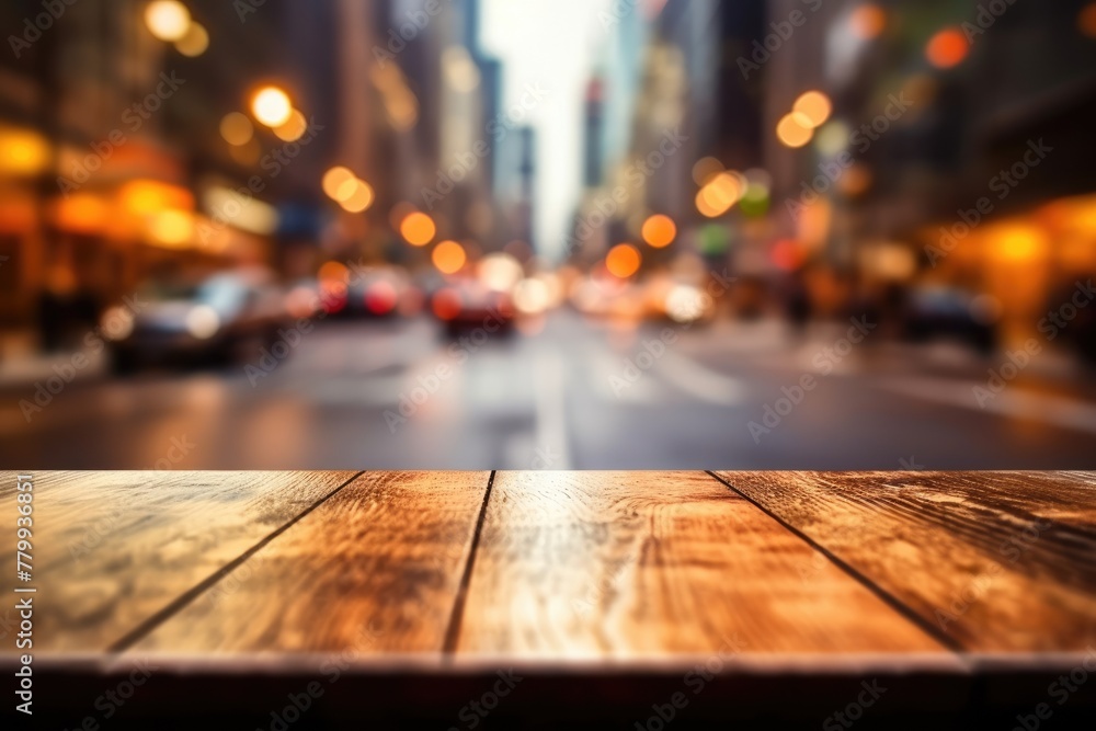 Poster the empty wooden table top with blur background of nyc street. exuberant image. generative ai