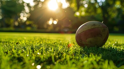 small ball in grass rugby course with shade on summer day in sunlight