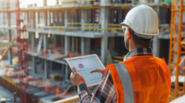 Smart Construction Project management system concept, Engineer using a digital tablet on a construction site