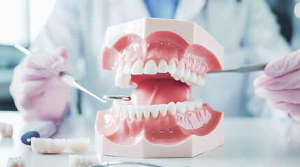 The dentist's hand holds a model of human artificial jaw and explains prevention and treatment of dental caries. Treatment and medical services in a dental clinic, healthcare and dental care