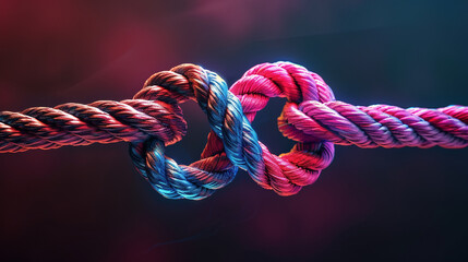Colorful Knotted Ropes Symbolizing Connection on Dark Background - obrazy, fototapety, plakaty