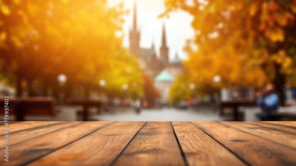 Poster the empty wooden table top with blur background of european street in autumn. exuberant image. gener