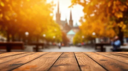 Foto auf Leinwand The empty wooden table top with blur background of European street in autumn. Exuberant image. generative AI © Summit Art Creations