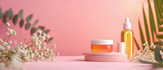 Pink Showcase with cream jar, container, serum bottle, flowers in trendy pastel color. Shadows effect.Skin Care, makeup concept. Cosmetic product presentation. Generative ai - obrazy, fototapety, plakaty