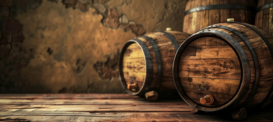 Vintage Wooden Wine Barrels in a Rustic Cellar Scene - obrazy, fototapety, plakaty
